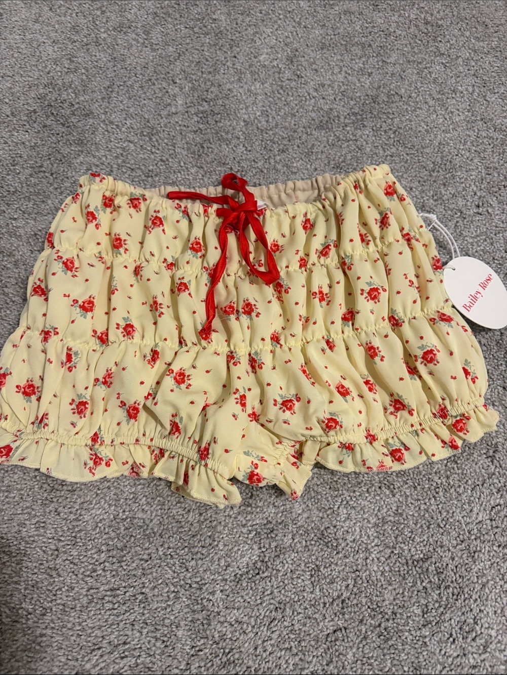 Floral Ruffle Elastic Waist mini Shorts - Yellow with Red Flower Print
